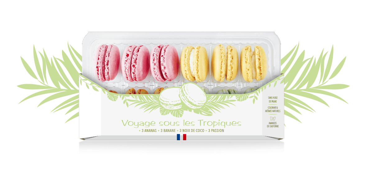 Packaging de macaron Voyage sous les tropiques